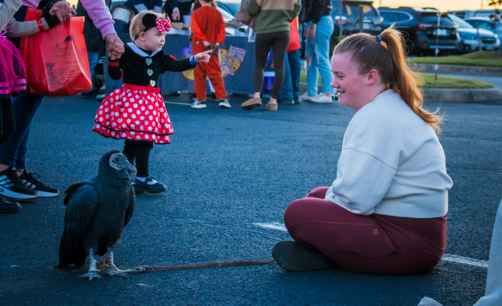 A woman smiling while looking down at her exotic pet buzzard.