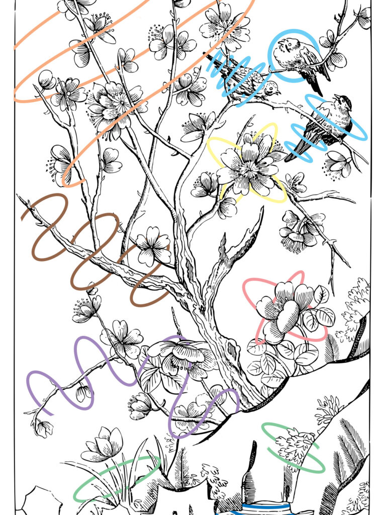 Black and white image of a tree, flowers, birds and a lake with colored swirls.