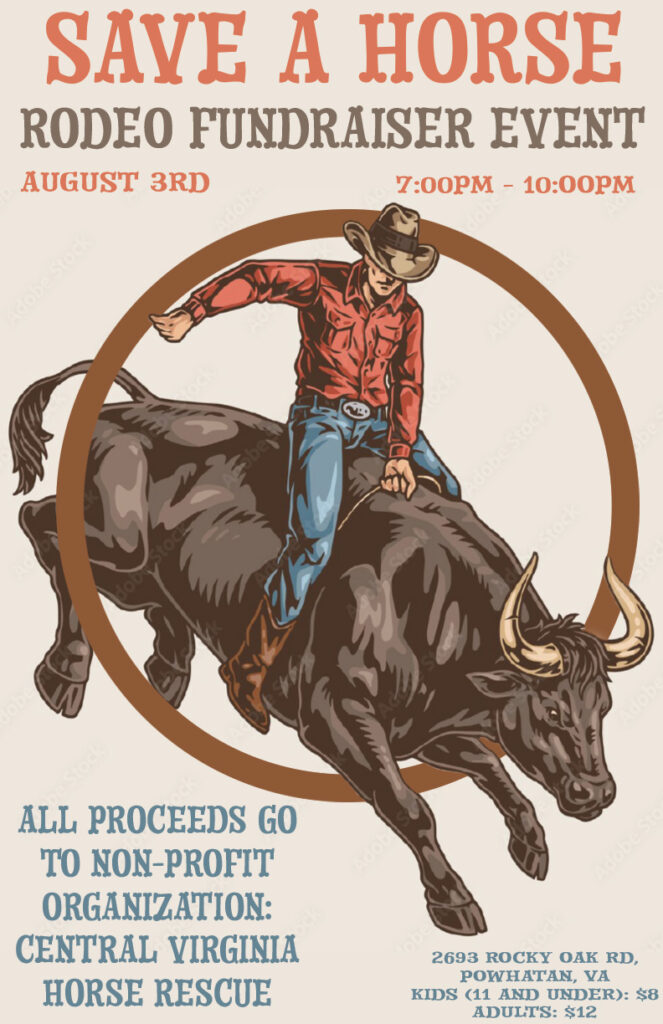 Cartoon of a cowboy riding a bull with event details surrounding the cowboy and bull.