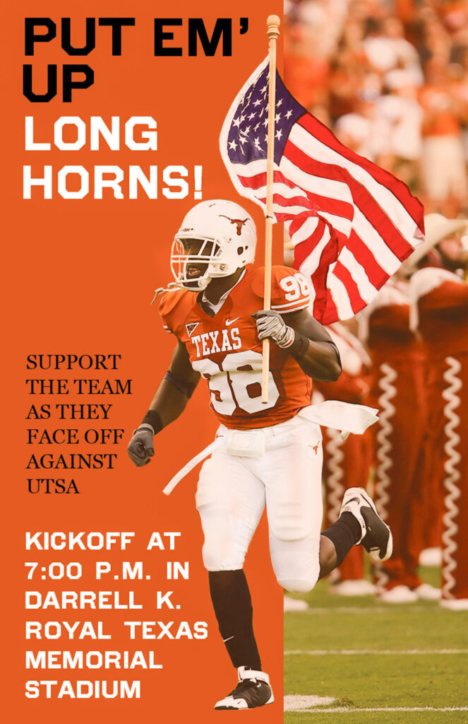 Football player holding American flag running on football field with game day advertisement details next to the player.